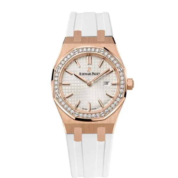 Audemars Piguet Royal Oak 33mm Ladies Watch - Ref: 67651OR.ZZ.D010CA.01 - Silver Dial & Diamond Bezel in 18K Rose Gold Case, White Rubber Strap