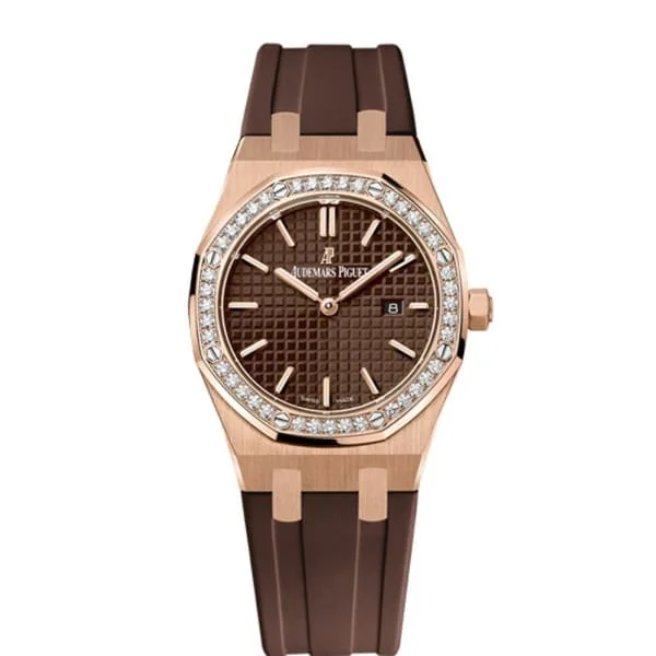 Audemars Piguet Royal Oak 33mm Ladies Watch - Ref: 67651OR.ZZ.D080CA.01 - Brown Dial & Diamond Bezel in 18K Rose Gold Case, Brown Rubber Strap