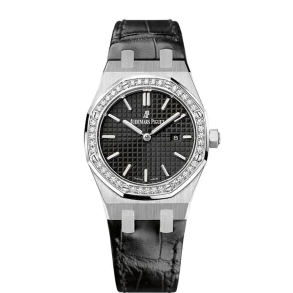 Audemars Piguet Royal Oak 33mm Ladies Watch - Ref: 67651ST.ZZ.D002CR.01 - Black Dial & Diamond Bezel in Stainless Steel Case, Black Alligator Strap