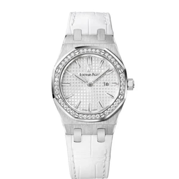 Audemars Piguet Royal Oak 33mm Ladies Watch - Ref: 67651ST.ZZ.D011CR.01 - Silver Dial & Diamond Bezel in Stainless Steel Case, White Alligator Strap