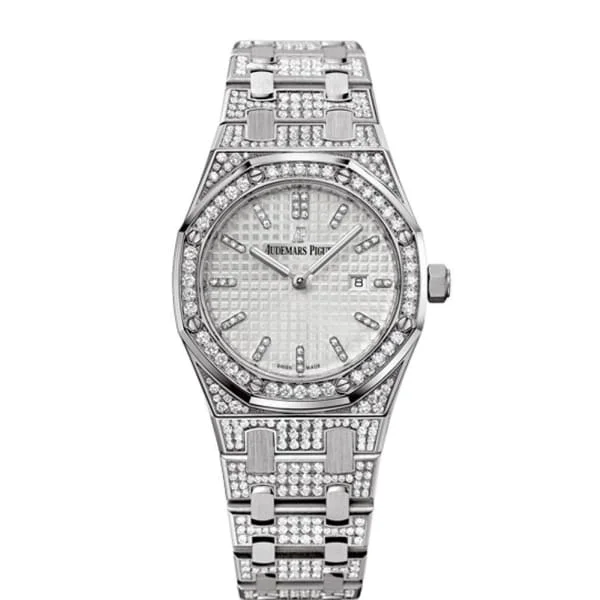 Audemars Piguet Royal Oak 33mm Ladies Watch - Ref: 67652BC.ZZ.1262BC.01 - Silver Diamond Dial & Diamond Bezel, 18K White Gold Diamond Bracelet