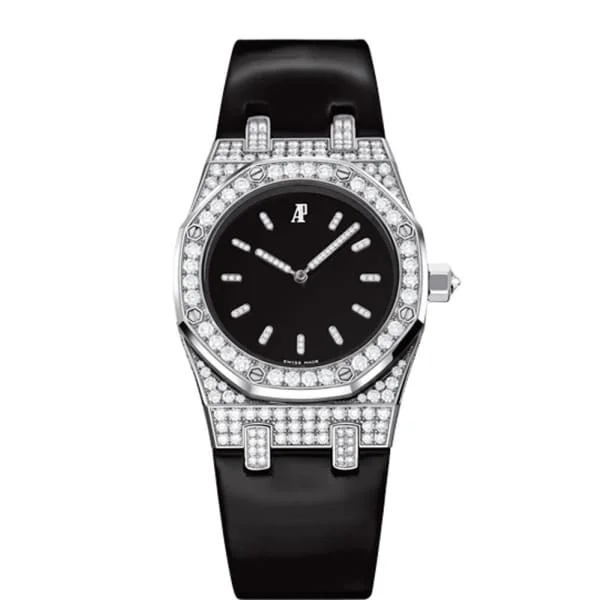 Audemars Piguet Royal Oak Tuxedo 33mm Ladies Watch - Ref: 77220BC.ZZ.D004CU.01 - Black Diamond Dial & Diamond Bezel in 18K White Gold Diamond Case, Black Silk Strap