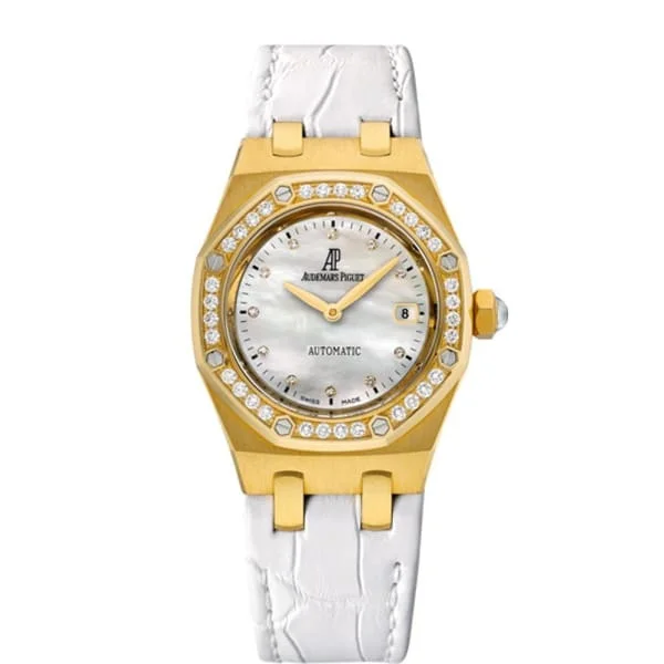 Audemars Piguet Royal Oak 33mm Ladies Watch - Ref: 77321BA.ZZ.D012CR.01 - White Mother of Pearl Diamond Dial & Diamond Bezel in 18K Yellow Gold Case, White Alligator Strap