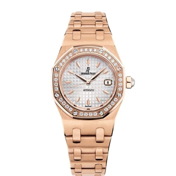 Audemars Piguet Royal Oak 33mm Ladies Watch - Ref: 77321OR.ZZ.1230OR.01 - Silver Dial & Diamond Bezel, 18K Rose Gold Bracelet