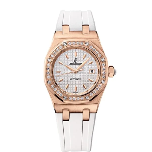 Audemars Piguet Royal Oak 33mm Ladies Watch - Ref: 77321OR.ZZ.D010CA.01 - Silver Dial & Diamond Bezel in 18K Rose Gold Case, White Rubber Strap