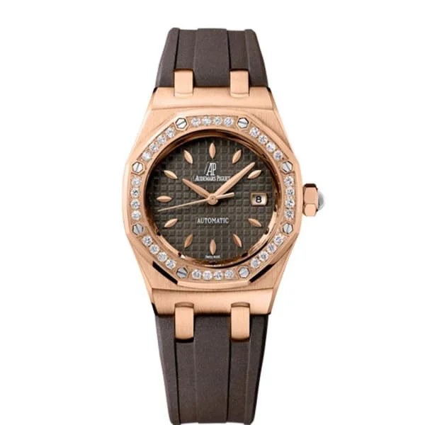 Audemars Piguet Royal Oak 33mm Ladies Watch - Ref: 77321OR.ZZ.D080CA.01 - Brown Dial & Diamond Bezel in 18K Rose Gold Case, Brown Rubber Strap