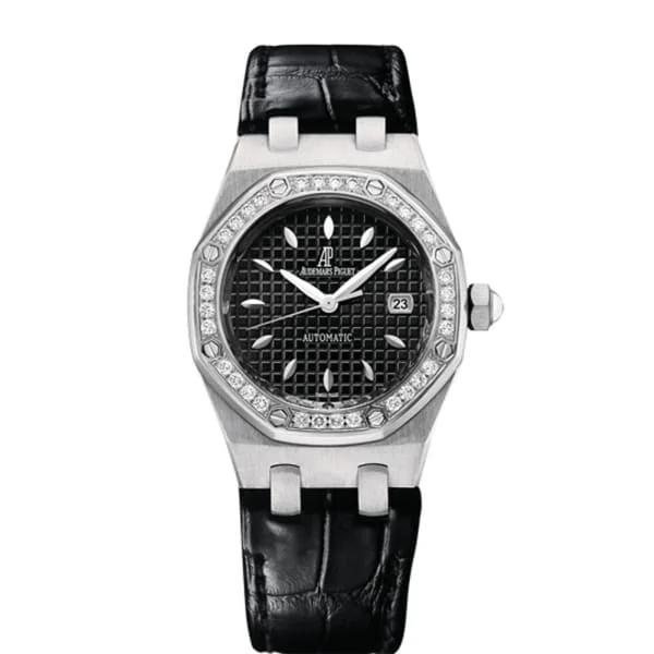 Audemars Piguet Royal Oak 33mm Ladies Watch - Ref: 77321ST.ZZ.D002CR.01 - Black Dial & Diamond Bezel in Stainless Steel Case, Black Alligator Strap