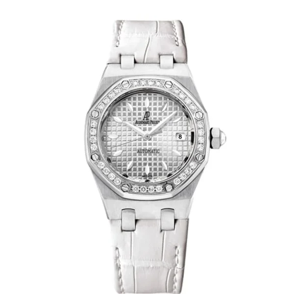 Audemars Piguet Royal Oak 33mm Ladies Watch - Ref: 77321ST.ZZ.D012CR.01 - Silver Dial & Diamond Bezel in Stainless Steel Case, White Alligator Strap