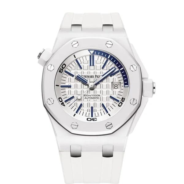 Audemars Piguet Royal Oak Offshore Diver 42mm Men's Watch - Ref: 15707CB.OO.A010CA.01 - White Dial in White Ceramic Case, White Rubber Strap