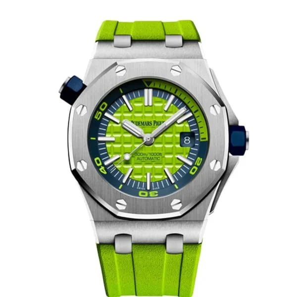 Audemars Piguet Royal Oak Offshore Diver 42mm Men's Watch - Ref: 15710ST.OO.A038CA.01 - Green Dial in Stainless Steel Case, Green Rubber Strap