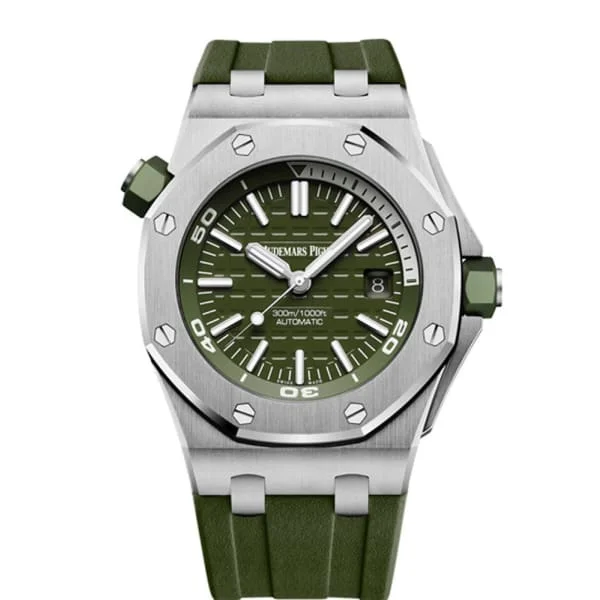 Audemars Piguet Royal Oak Offshore Diver 42mm Men's Watch - Ref: 15710ST.OO.A052CA.01 - Khaki Green Dial in Stainless Steel Case, Khaki Green Rubber Strap