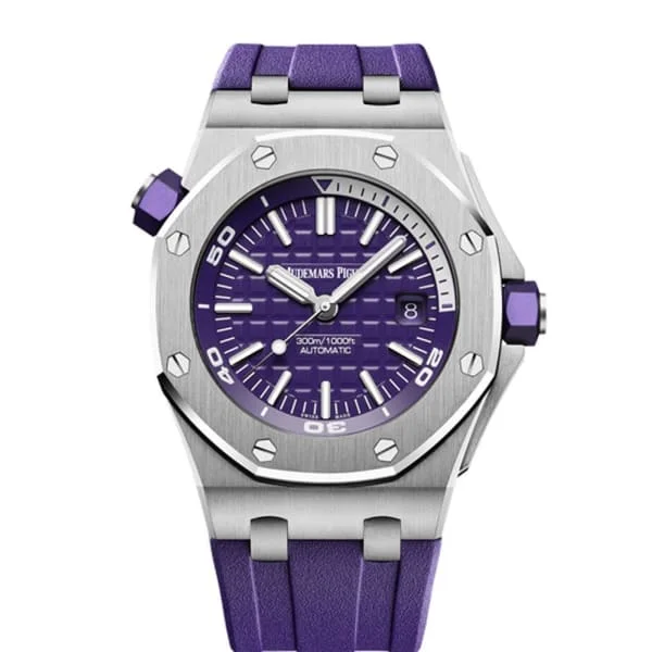 Audemars Piguet Royal Oak Offshore Diver 42mm Men's Watch - Ref: 15710ST.OO.A077CA.01 - Purple Dial in Stainless Steel Case, Purple Rubber Strap