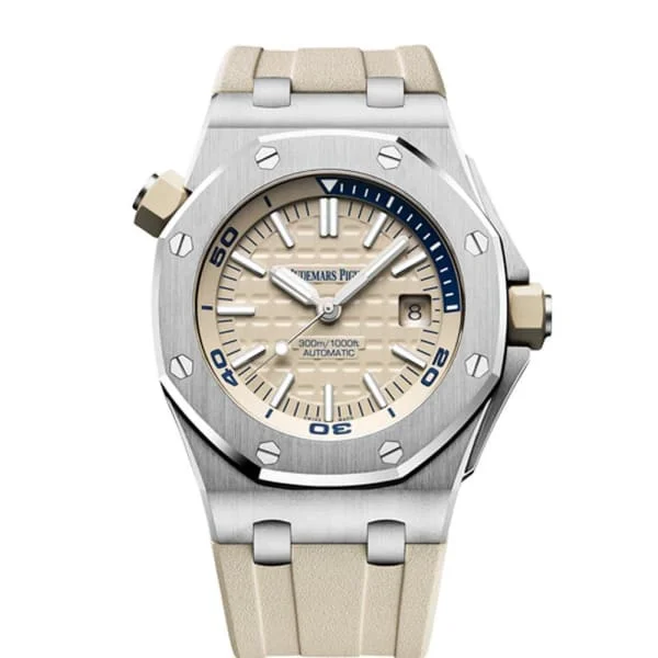 Audemars Piguet Royal Oak Offshore Diver 42mm Men's Watch - Ref: 15710ST.OO.A085CA.01 - Beige Dial in Stainless Steel Case, Beige Rubber Strap