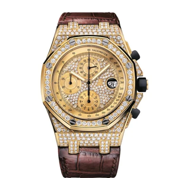 Audemars Piguet Royal Oak Offshore Chronograph 42mm Men's Watch - Ref: 26067BA.ZZ.D088CR.01 - Pave Diamond Dial in 18K Yellow Gold Diamond Case, Brown Alligator Strap