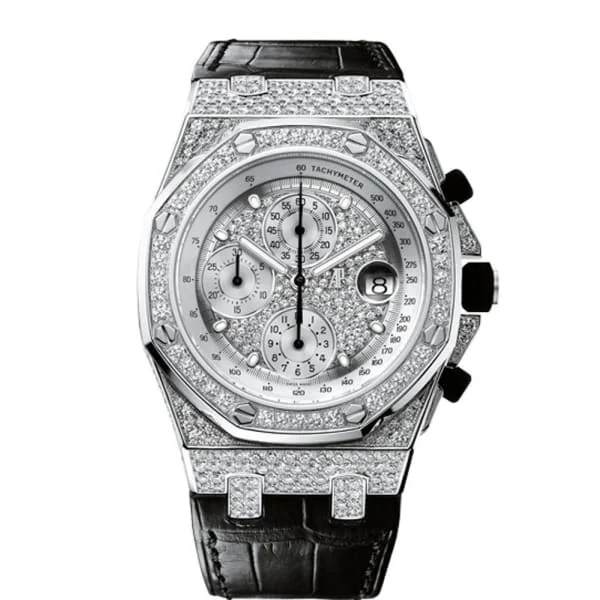 Audemars Piguet Royal Oak Offshore Chronograph 42mm Men's Watch - Ref: 26067BC.ZZ.D002CR.01 - Pave Diamond Dial in 18K White Gold Diamond Case, Black Alligator Strap