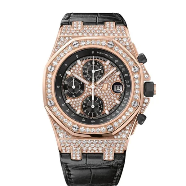 Audemars Piguet Royal Oak Offshore Chronograph 42mm Men's Watch - Ref: 26067OR.ZZ.D002CR.01 - Pave Diamond Dial in 18K Rose Gold Diamond Case, Black Alligator Strap