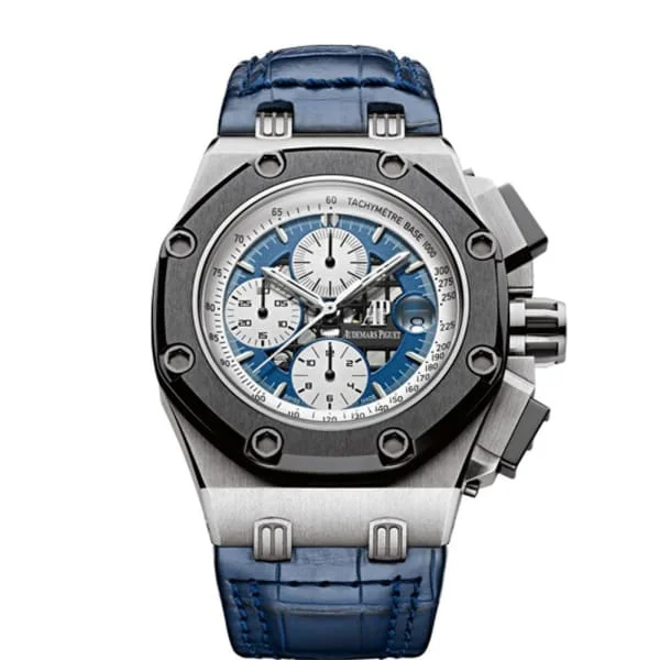 Audemars Piguet Royal Oak Offshore Chronograph Rubens Barrichello II 42mm Men's Watch - Ref: 26078PO.OO.D018CR.01 - Blue Dial in Platinum & Ceramic Case, Blue Alligator Strap