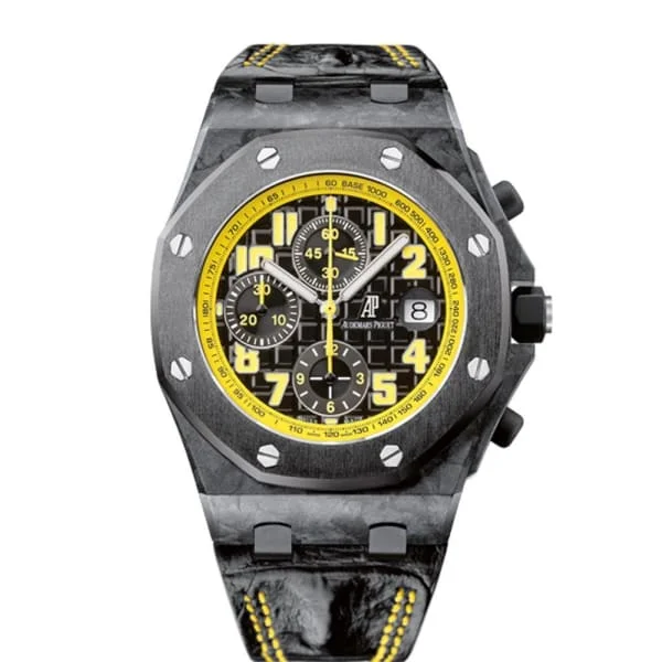 Audemars Piguet Royal Oak Offshore Chronograph "Bumblebee" 42mm Men's Watch - Ref: 26176FO.OO.D101CR.02 - Black & Yellow Dial in Forged Carbon Case, Black Alligator Strap