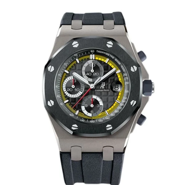 Audemars Piguet Royal Oak Offshore Chronograph Sebastien Buemi 42mm Men's Watch - Ref: 26207IO.OO.A002CA.01 - Black & Yellow Dial in Titanium Case, Black Rubber Strap