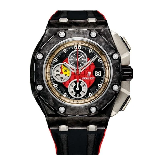 Audemars Piguet Royal Oak Offshore Grand Prix 44mm Men's Watch - Ref: 26290IO.OO.A001VE.01 - Black & Red Dial in Forged Carbon Case, Black Alligator Strap