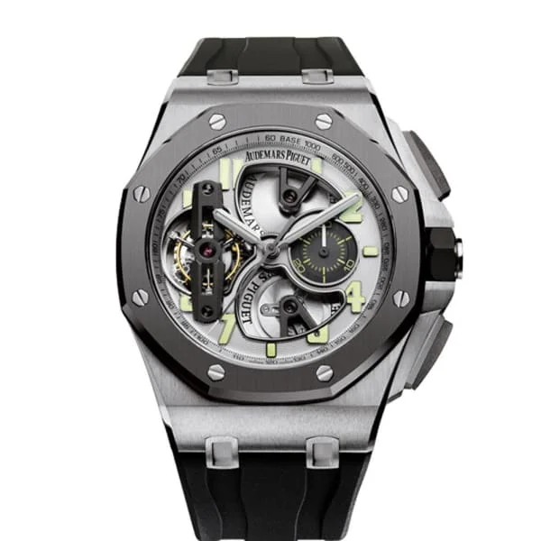 Audemars Piguet Royal Oak Offshore Tourbillon Chronograph 44mm Men's Watch - Ref: 26387IO.OO.D002CA.01 - Silver Dial in Titanium Case, Black Rubber Strap