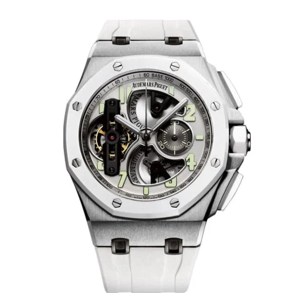 Audemars Piguet Royal Oak Offshore Tourbillon Chronograph 44mm Men's Watch - Ref: 26387IO.OO.D010CA.01 - Silver Dial in Titanium Case, White Rubber Strap