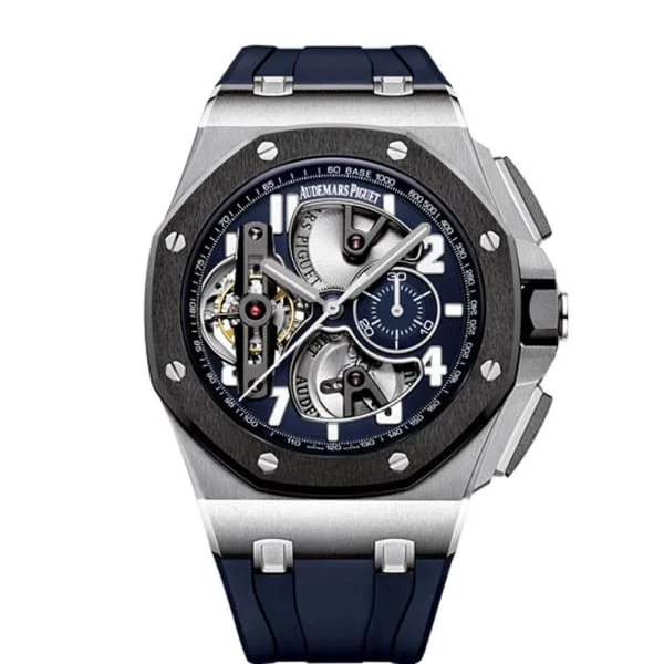 Audemars Piguet Royal Oak Offshore Tourbillon Chronograph 44mm Men's Watch - Ref: 26388PO.OO.D027CA.01 - Blue Dial in Platinum Case, Blue Rubber Strap