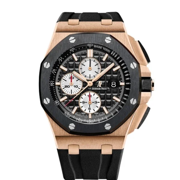 Audemars Piguet Royal Oak Offshore Chronograph 44mm Men's Watch - Ref: 26401.RO.OO.A002.CA.01 - Black Dial in 18K Rose Gold Case, Black Rubber Strap