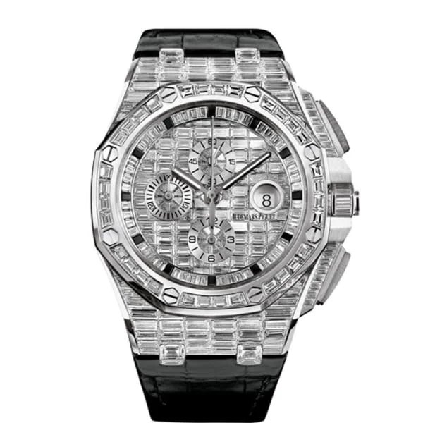 Audemars Piguet Royal Oak Offshore Chronograph 44mm Men's Watch - Ref: 26403BC.ZZ.D102CR.01 - Pave Diamond Dial, Diamond Bezel & Diamond Case, Black Alligator Strap