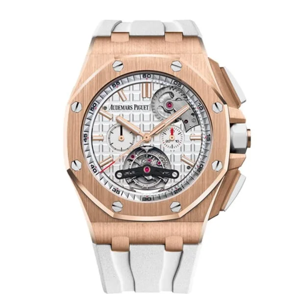 Audemars Piguet Royal Oak Offshore Tourbillon Chronograph 44mm Men's Watch - Ref: 26540OR.OO.A010CA.01 - Silver Dial in 18K Rose Gold Case, White Rubber Strap