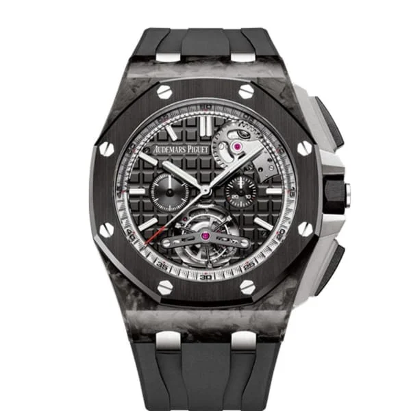 Audemars Piguet Royal Oak Offshore Tourbillon Chronograph 44mm Men's Watch - Ref: 26550AU.OO.A002CA.01 - Black Dial in Forged Carbon Case, Black Rubber Strap