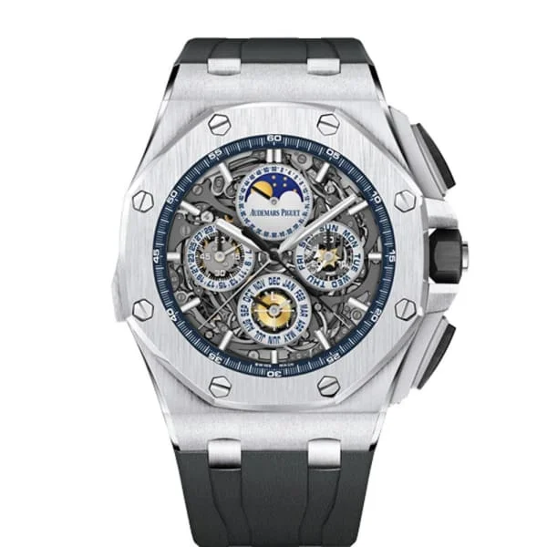 Audemars Piguet Royal Oak Offshore Grande Complication 44mm Men's Watch - Ref: 26571BC.OO.A002CA.01 - Transparent Sapphire Moonphase Dial in 18K White Gold Case, Black Rubber Strap