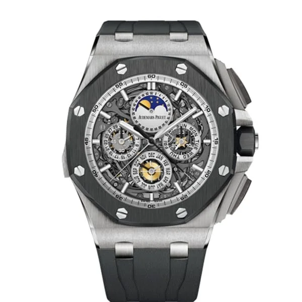 Audemars Piguet Royal Oak Offshore Grande Complication 44mm Men's Watch - Ref: 26571IO.OO.A002CA.01 - Transparent Sapphire Moonphase Dial in Titanium Case, Black Rubber Strap