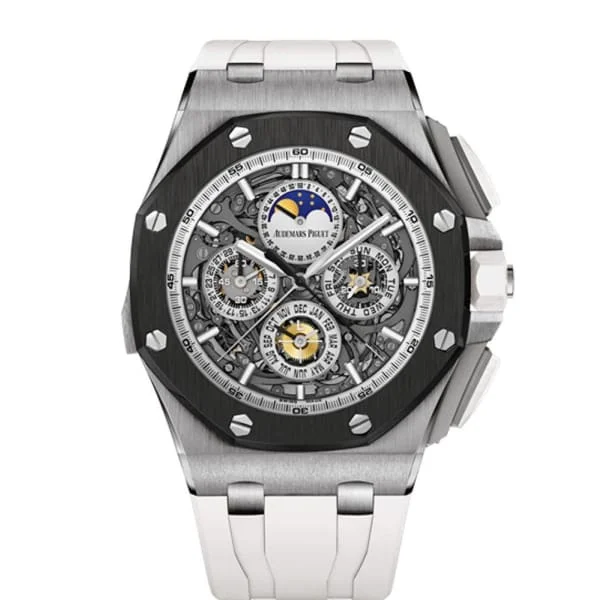 Audemars Piguet Royal Oak Offshore Grande Complication 44mm Men's Watch - Ref: 26571IO.OO.A010CA.01 - Transparent Sapphire Moonphase Dial in Titanium Case, White Rubber Strap