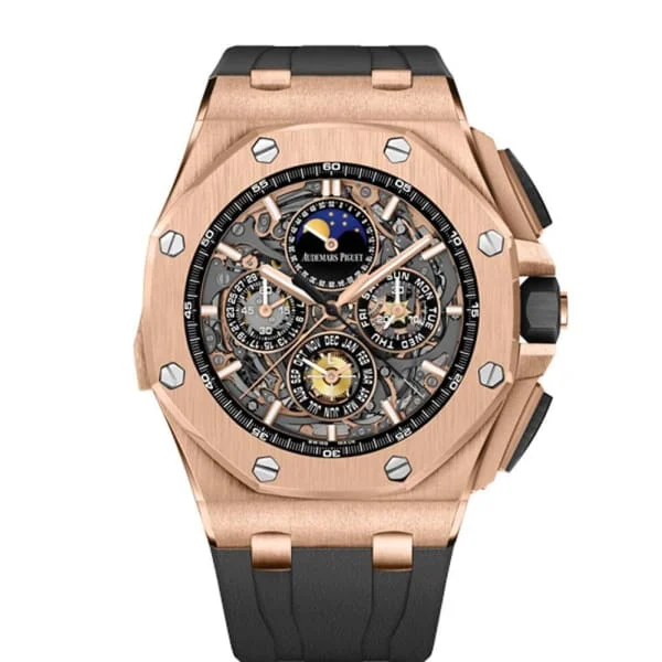 Audemars Piguet Royal Oak Offshore Grande Complication 44mm Men's Watch - Ref: 26571OR.OO.A002CA.01 - Transparent Sapphire Moonphase Dial in 18K Rose Gold Case, Black Rubber Strap