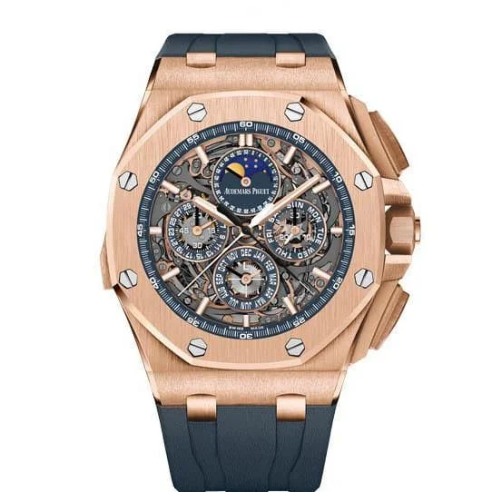 Audemars Piguet Royal Oak Offshore Grande Complication 44mm Men's Watch - Ref: 26571OR.OO.A027CA.01.99 - Transparent Sapphire Moonphase Dial in 18K Rose Gold Case, Black Rubber Strap