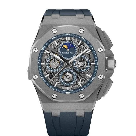 Audemars Piguet Royal Oak Offshore Grande Complication 44mm Men's Watch - Ref: 26571TI.GG.A027CA.01 - Transparent Sapphire Moonphase Dial in Titanium Case, Black Rubber Strap