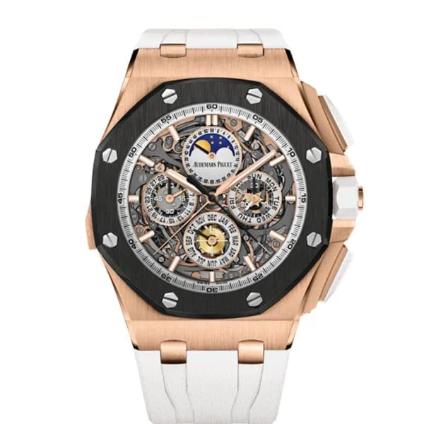 Audemars Piguet Royal Oak Offshore Grande Complication 44mm Men's Watch - Ref: 26571RO.OO.A010CA.01 - Transparent Sapphire Moonphase Dial in 18K Rose Gold Case, White Rubber Strap