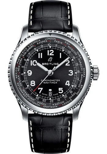 Breitling Aviator 8 B35 Automatic Unitime 43 Watch - Steel Case - Black Dial - Black Croco Strap - AB3521U41B1P1