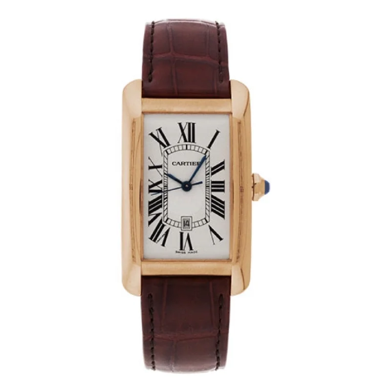 Cartier Tank Americaine 45.1mm | Brown alligator-skin strap Bracelet | Silver Dial rose gold Bezel | Men's Watch ref. W2609156