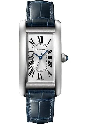 Cartier Tank Americaine Watch - 41.60 mm x 22.60 mm Steel Case - Silver Dial - Navy Blue Leather Strap - WSTA0044