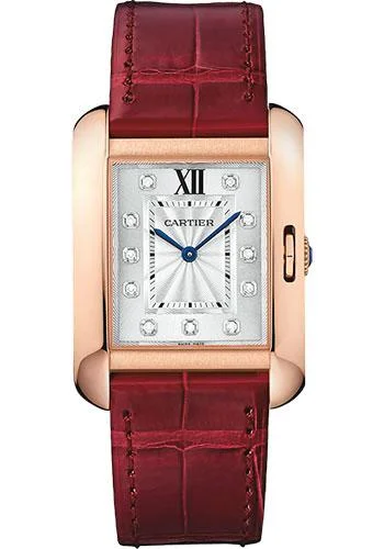 Cartier Tank Anglaise Watch - 34.7 mm Pink Gold Case - Diamond Dial - Bordeaux Alligator Strap - WJTA0009