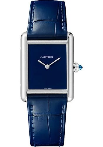 Cartier Tank Must Watch - 33.7 mm x 25.5 mm Steel Case - Blue Dial - Blue Alligator Strap - WSTA0055