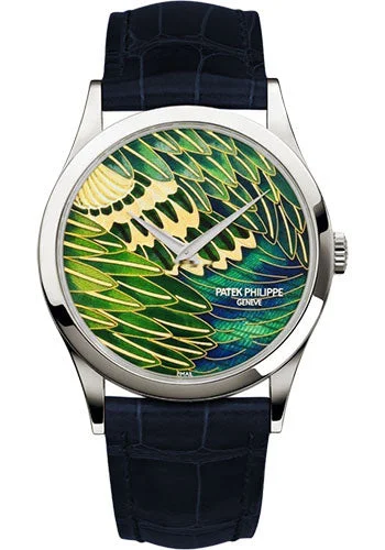 Patek Philippe Calatrava Rare Handcrafts - 38mm Platinum Case - Cloisonne Peacock Feather Dial - Dark Blue Strap - 5077P-089