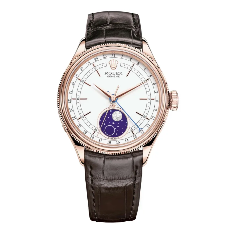 Rolex Cellini Moonphase 39mm - Ref: 50535-0002 - White Index Dial, Domed & Fluted Double Bezel, 18K Rose Gold & Tobacco Brown Leather Strap Watch