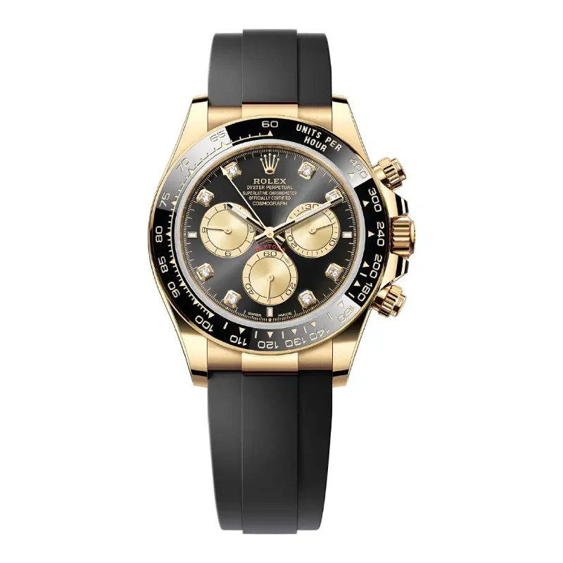 Rolex Cosmograph Daytona 40mm - Ref: 126518LN - Bright Black & Champagne Diamond Dial & Ceramic Bezel, 18K Yellow Gold Case Black Oysterflex Bracelet Men's Watch