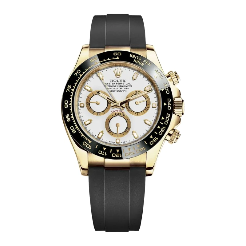 Rolex Cosmograph Daytona 40mm - Ref: 116518ln-0041 - White Index Dial & Ceramic Bezel, 18K Yellow Gold Case Black Oysterflex Bracelet Men's Watch