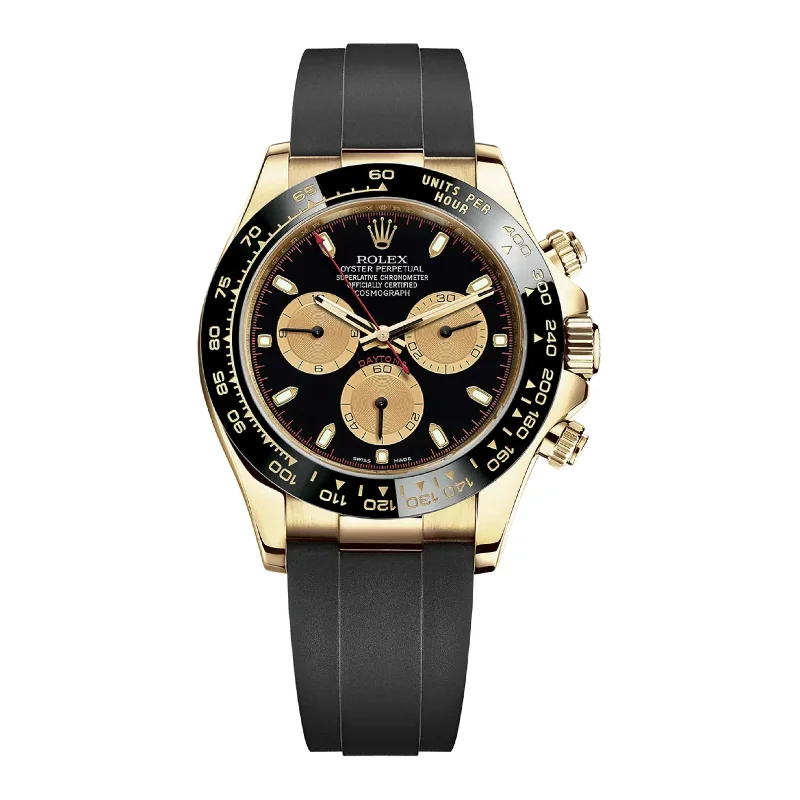 Rolex Cosmograph Daytona 40mm - Ref: 116518ln-0047 - Black & Champagne Index Dial & Ceramic Bezel, 18K Yellow Gold Case Black Oysterflex Bracelet Men's Watch