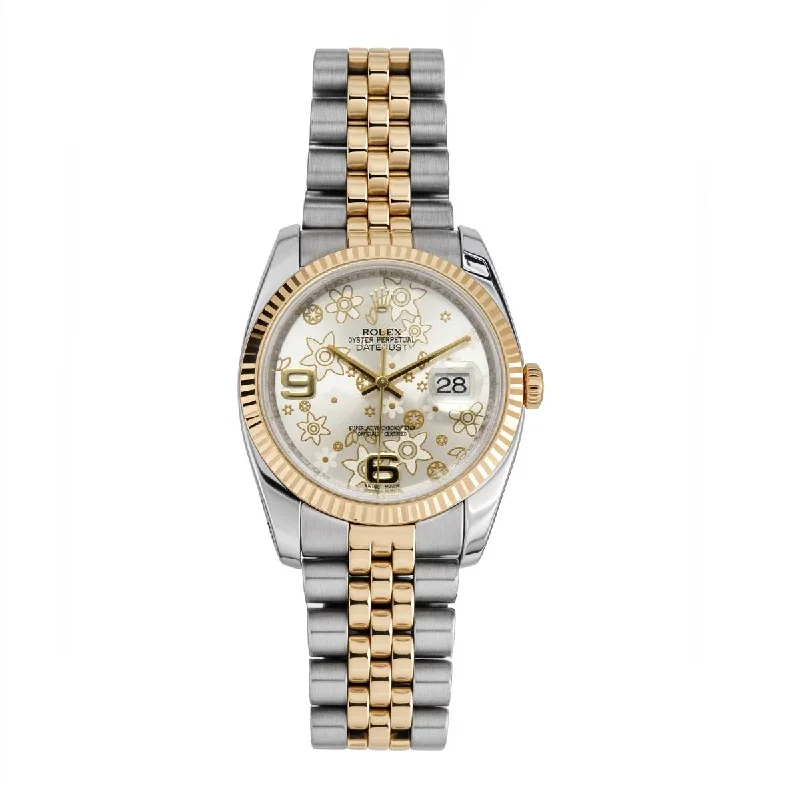 Rolex Datejust 36mm - Ref: 116233 - Silver Floral Dial, Two Tone Stainless Steel & 18K Yellow Gold Jubilee Bracelet Watch