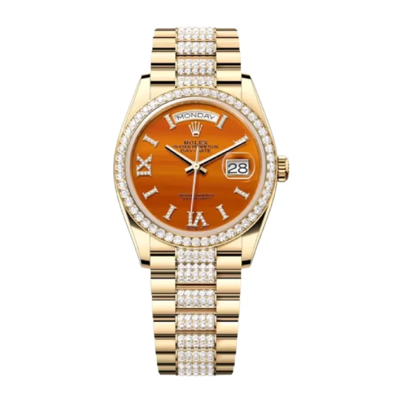 2024 Release Rolex Datejust 36mm - Ref: 128348rbr-0050 - Carnelian Orange Roman Diamond & Diamond Bezel, 18K Yellow Gold diamond Presidential Bracelet Watch